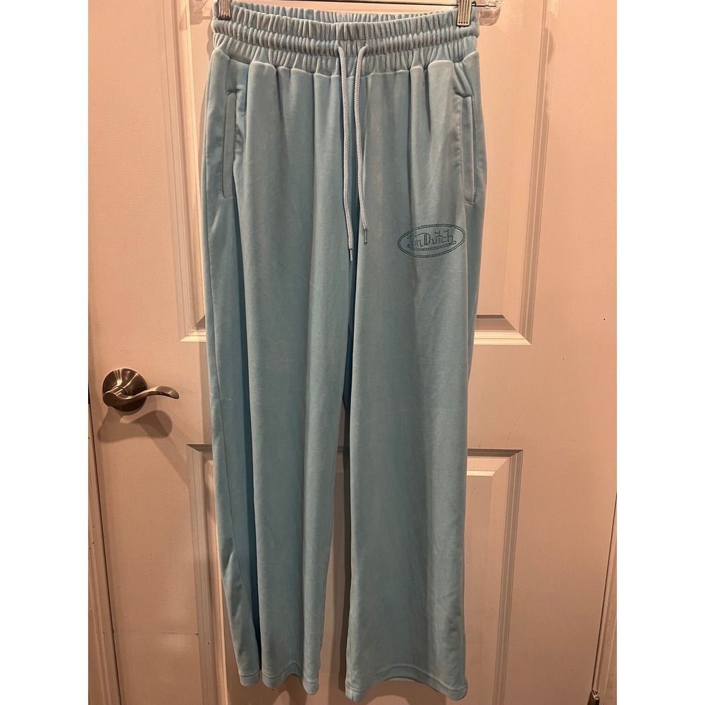 Von Dutch Womens Velour Pants Rhinestone Logo Light Blue Medium